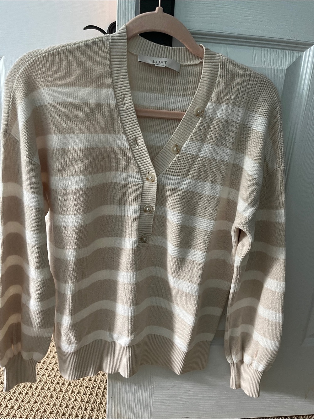LOFT Beige and White Striped V-Neck Henley Sweater 100% Cotton